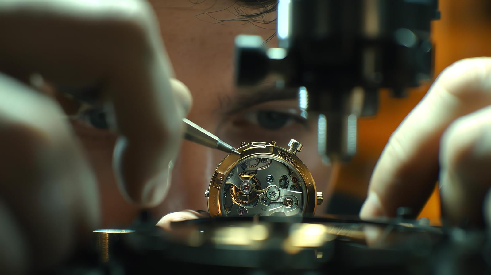 Orologiaio al lavoro su un orologio di pregio con pinzette per regolare il movimento